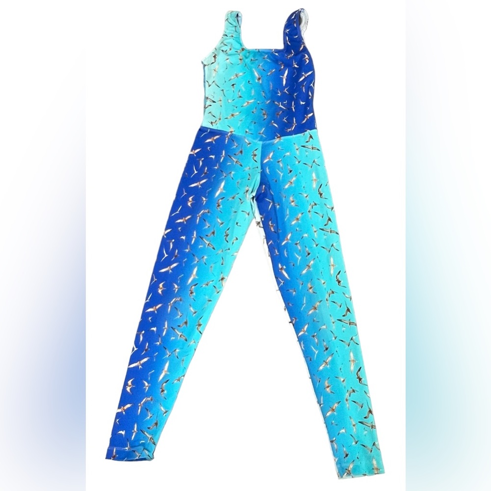 River Modas blue fullbody tight lycra stretchy fabric jumpsuit sleeves  S